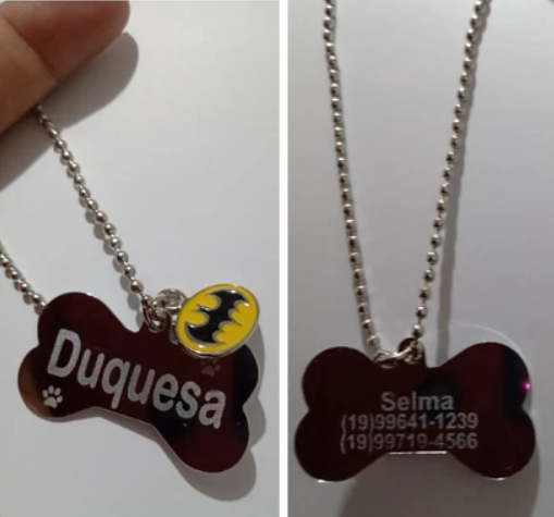 Plaquinha de Aço para Cães e Gatos - Gravada dos Dois Lados (Cachorro e gato) - com DIZERES e FOTO