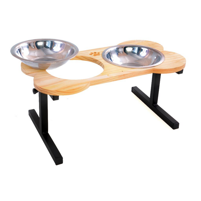 Comedouro Elevado Ajustável P Duplo Em Madeira E Inox P/pets